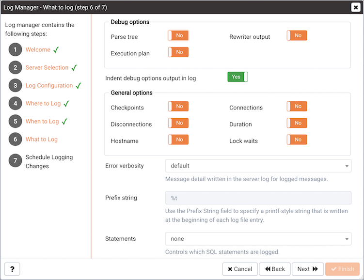 The Log Manager What to Log dialog