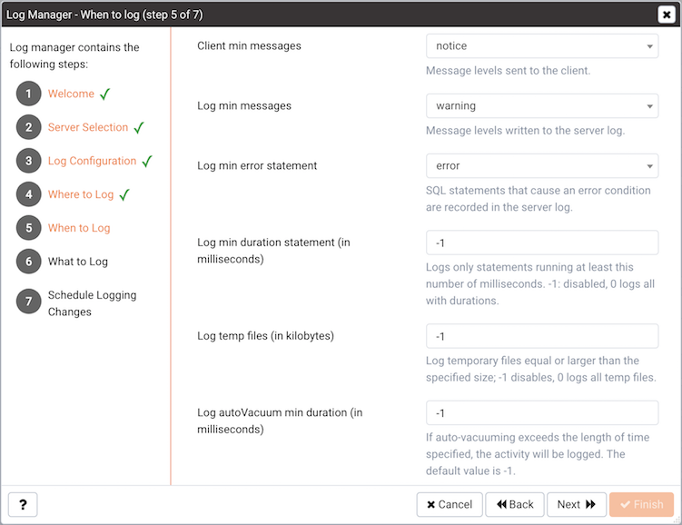 The Log Manager When to Log dialog