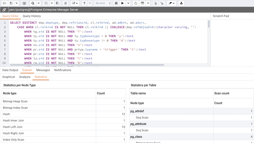 Query tool explain plan statistics