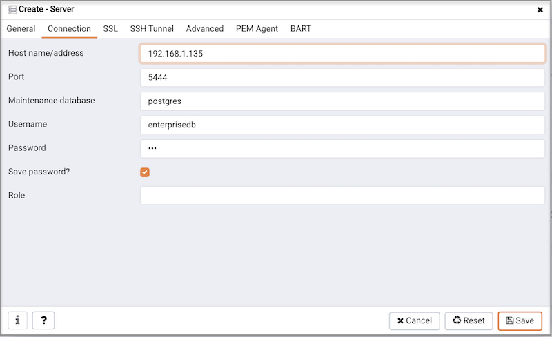 The Connection tab of the Create – Server dialog