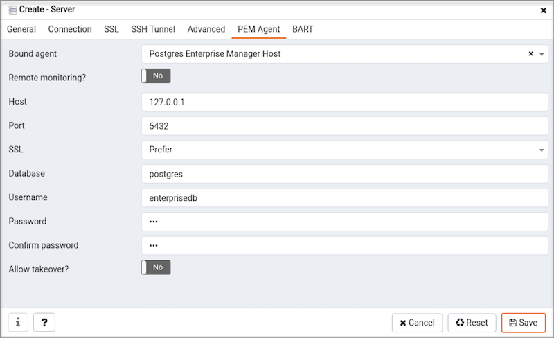 The PEM Agent tab of the Create – Server dialog