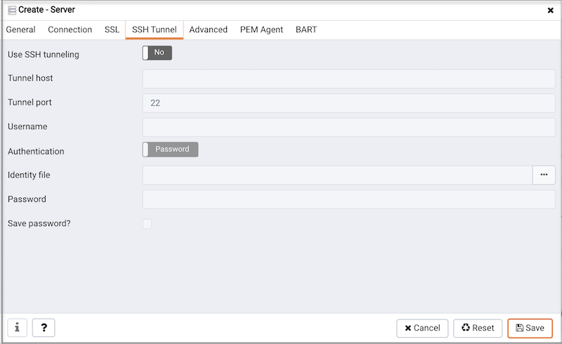The SSH Tunnel tab of the Create – Server dialog