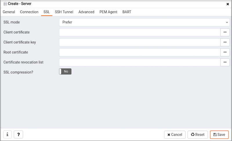 The SSL tab of the Create – Server dialog
