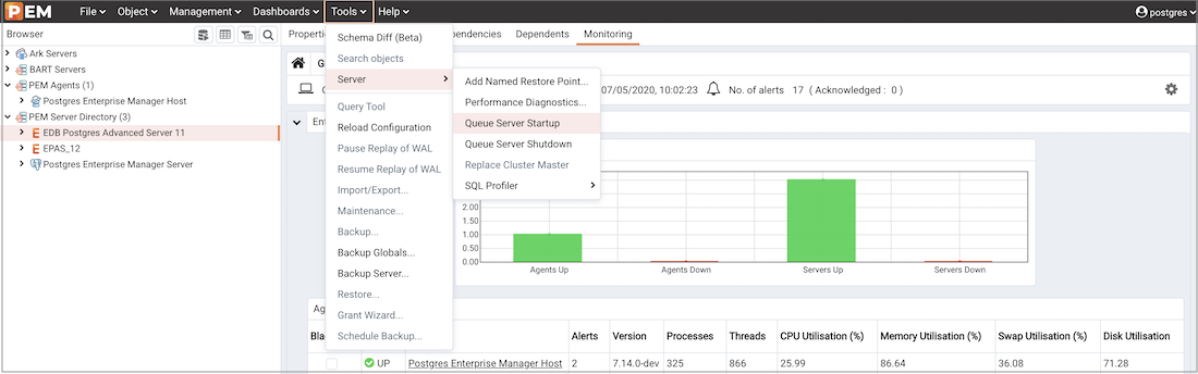 The Management menu of a managed server