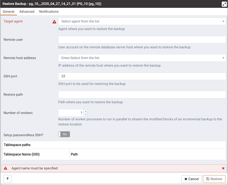 The Restore Backup dialog - General