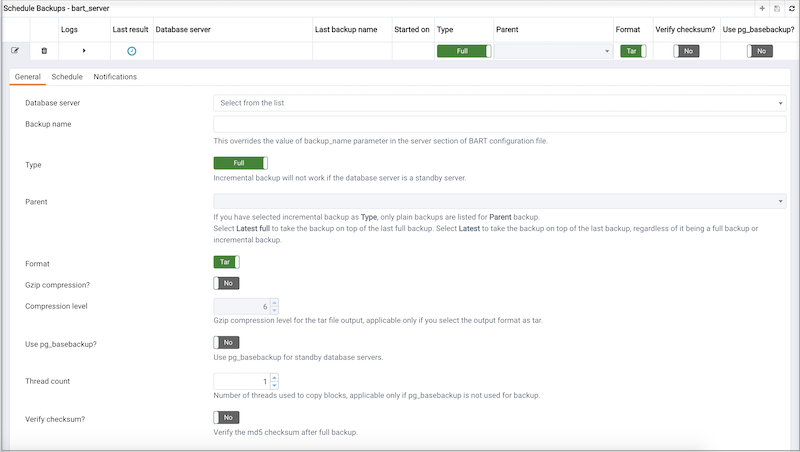 The BART backup scheduler dialog -General