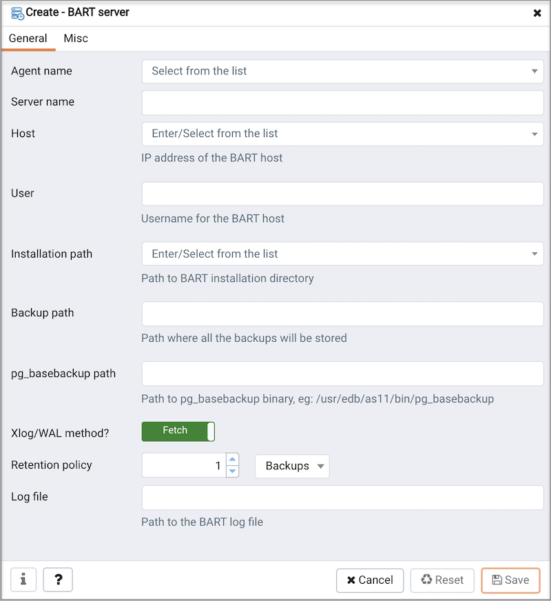 Create BART server dialog - General tab