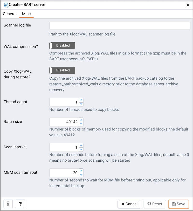 Create BART server dialog - Misc tab