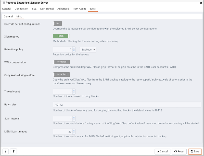The Create server dialog (BART - Misc tab)