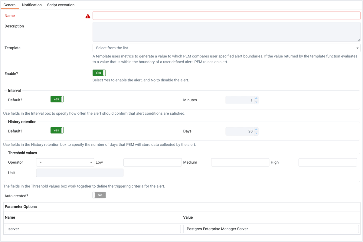 The General tab of the alert editor