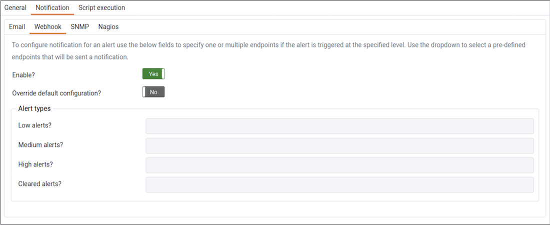 The alert editor Notification webhook tab