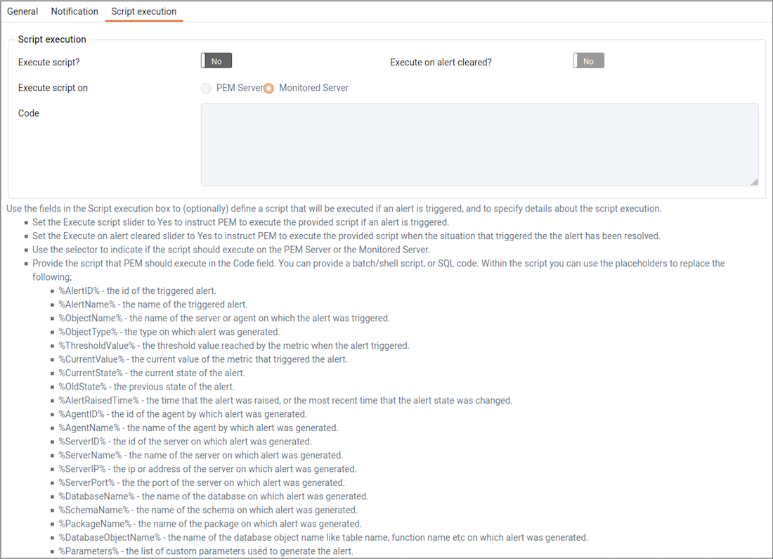The alert editor script execution tab