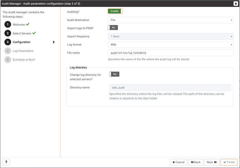 The Auditing Parameters Configuration dialog