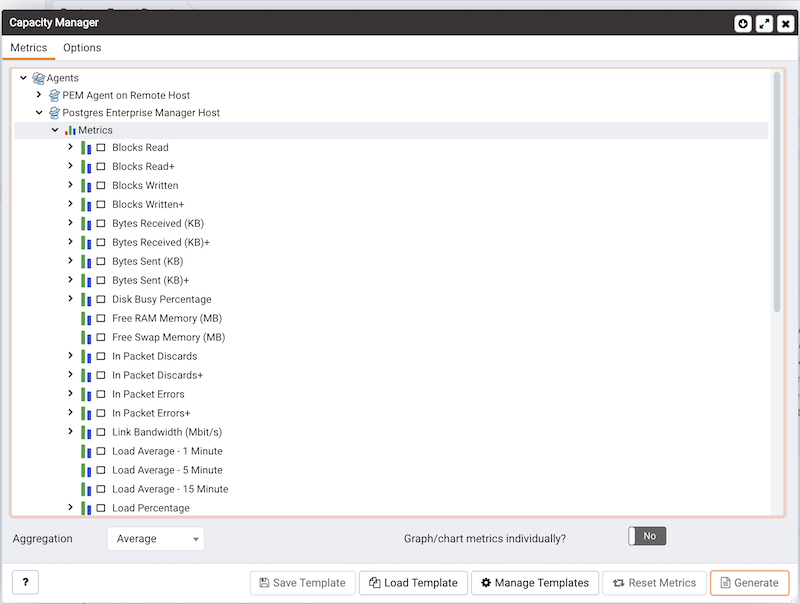 Capacity Manager dialog - Metrics selection list