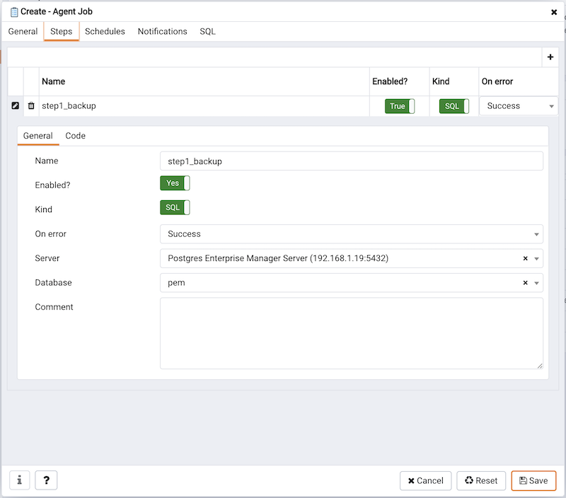 Create Agent Job - Steps tab - Code tab