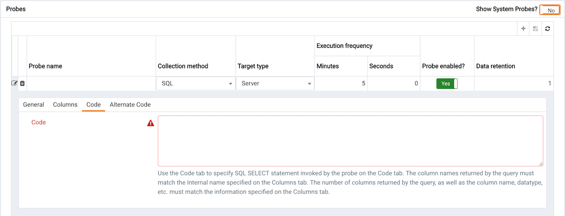 The Code tab of the Custom Probes dialog