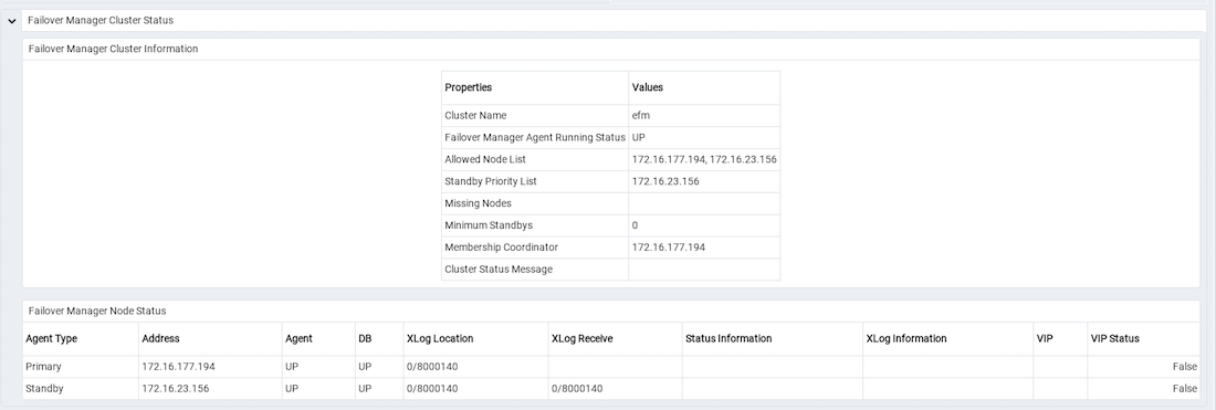 The Failover Manager cluster status report