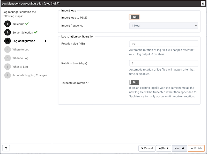 The Log Manager Log configuration dialog