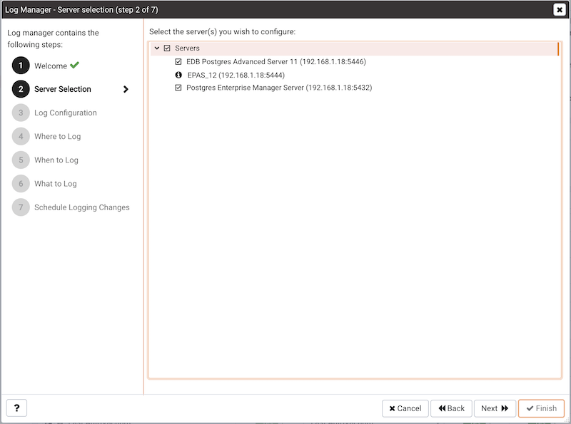 The Log Manager Server selection dialog