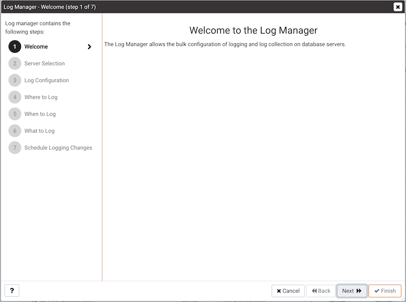 The Log Manager welcome dialog