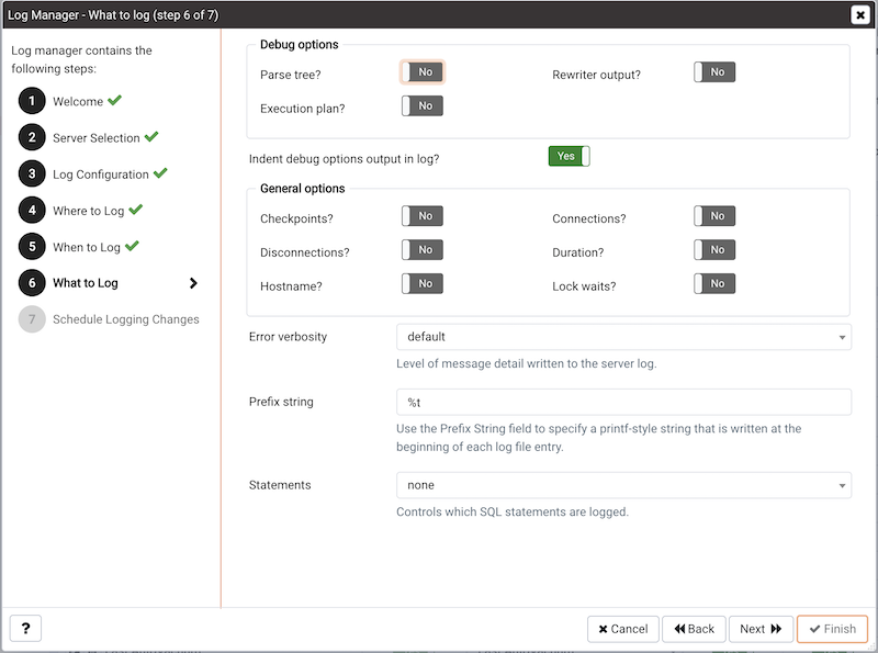The Log Manager What to Log dialog