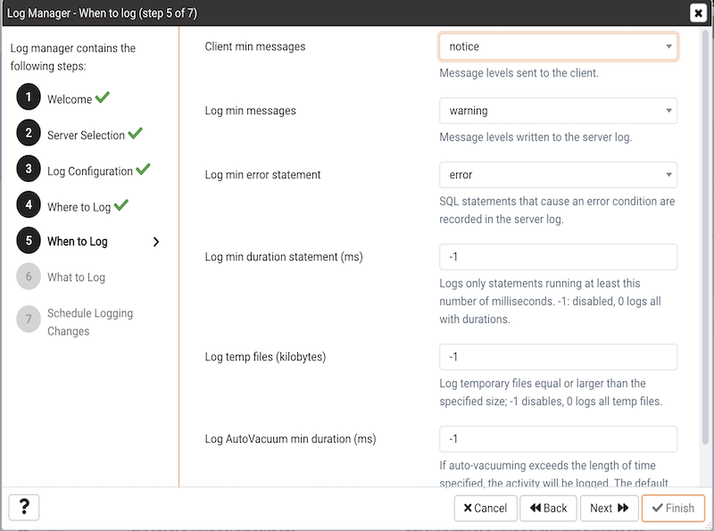 The Log Manager When to Log dialog