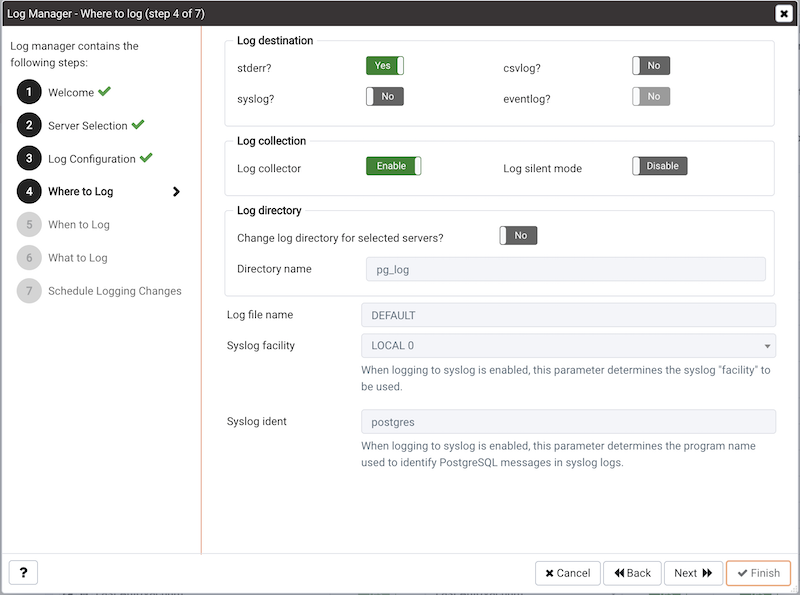The Where to Log dialog