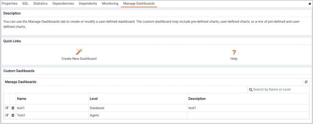The Manage Dashboards tab