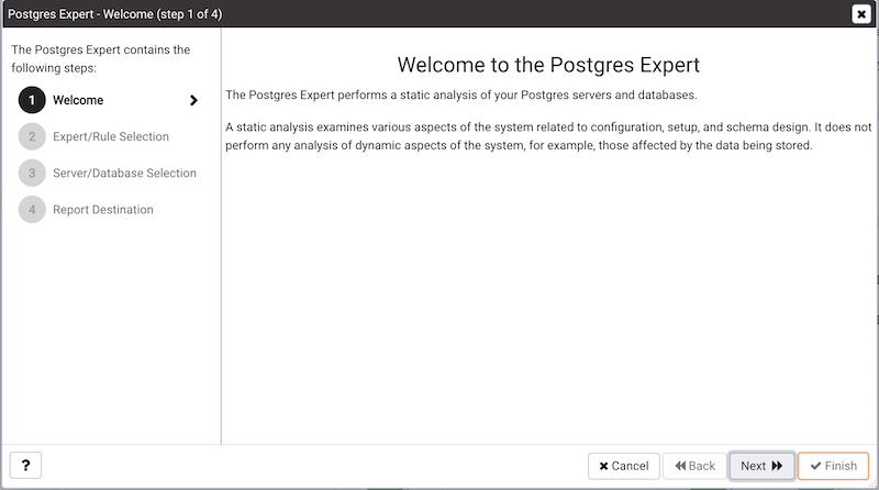 The Postgres Expert Welcome dialog