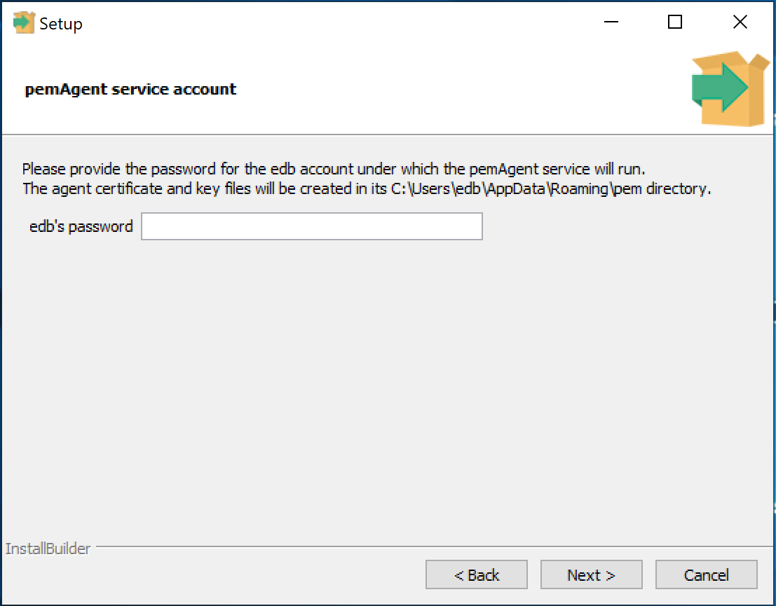 PEM Agent Wizard - pemAgent Service Account password dialog
