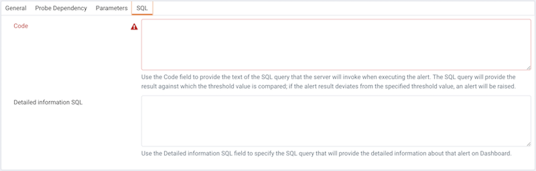 The SQL tab of the Alert Templates dialog