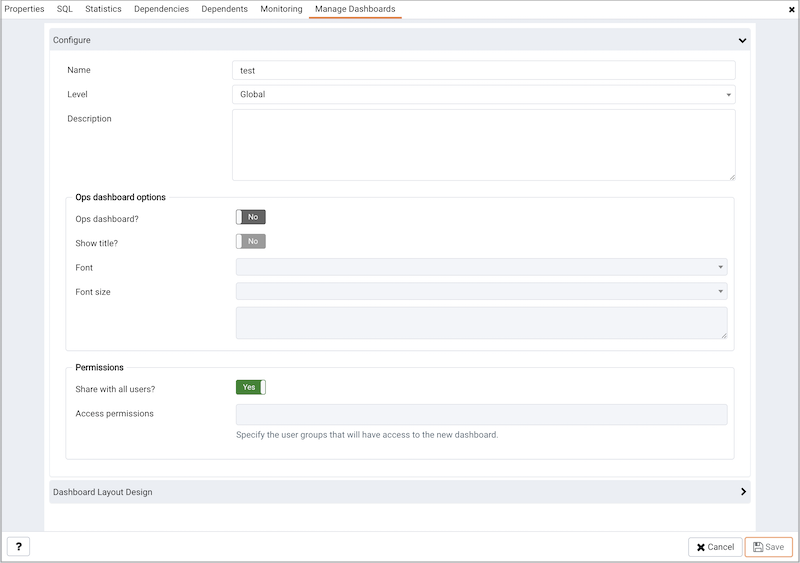 The Create Dashboard editor