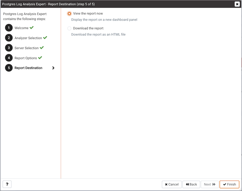 The Report destination dialog