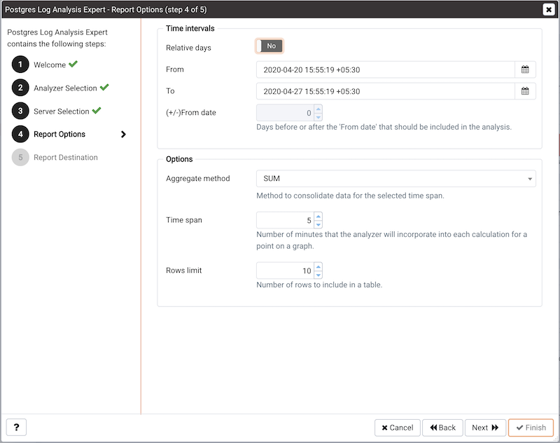 The Report options dialog