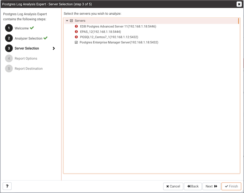 The Server selection dialog