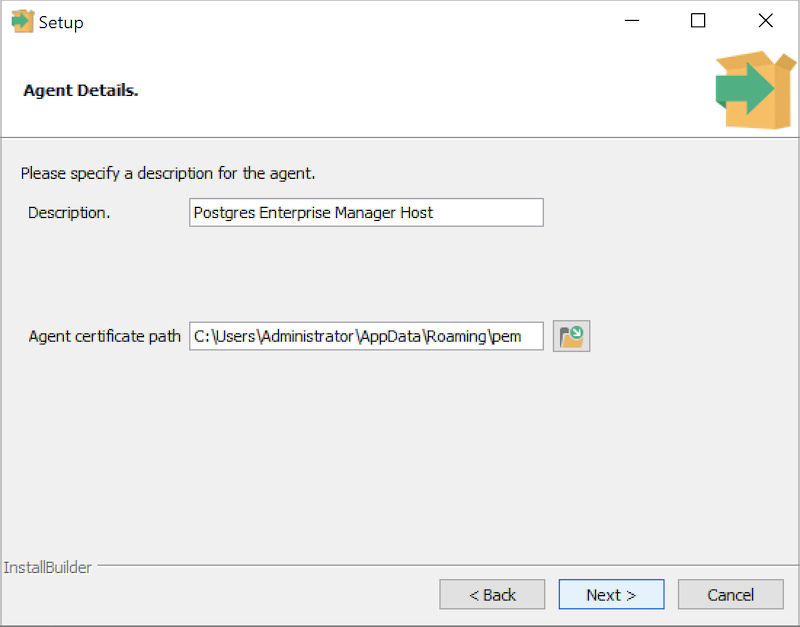 PEM Server Wizard - Agent Description and Certificate Path dialog