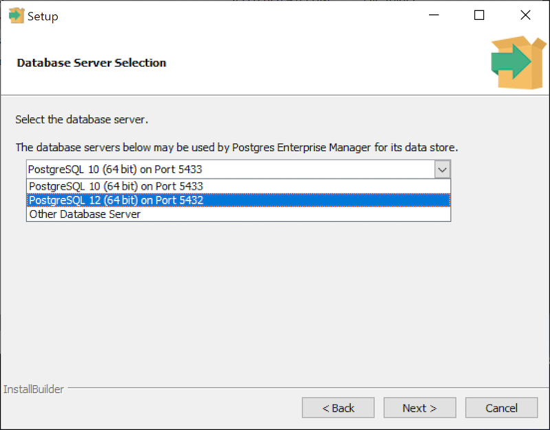PEM Server Wizard - Database Server Selection dialog