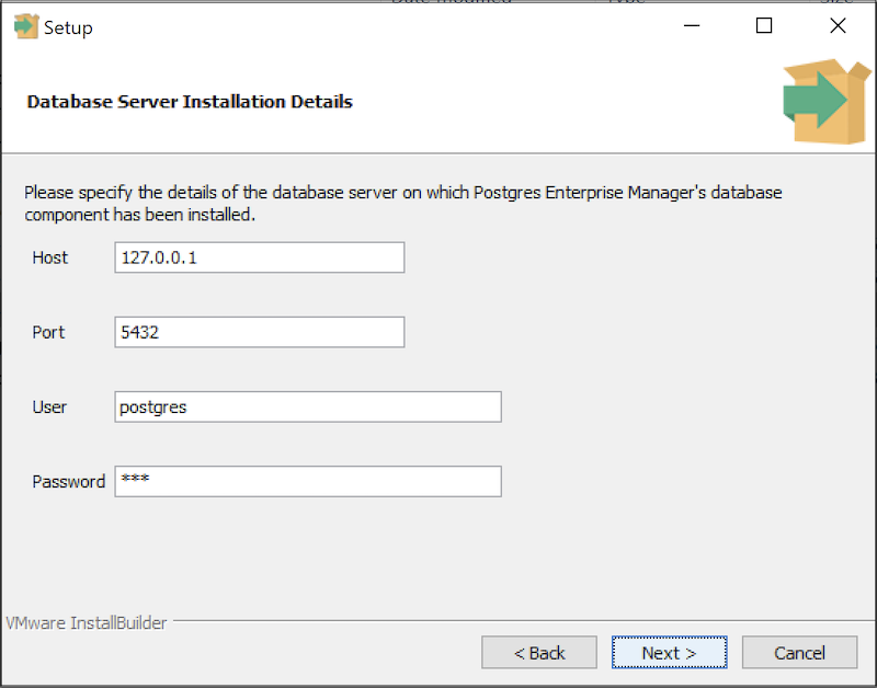 PEM Server Wizard - Database Server Installation Details dialog