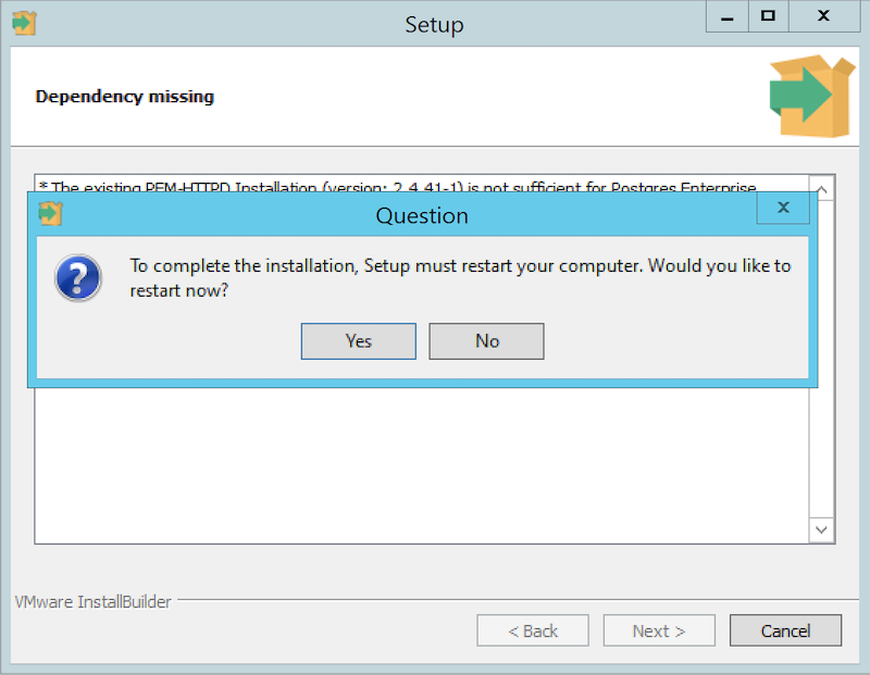 The PEM Server Installer - Restart pop-up