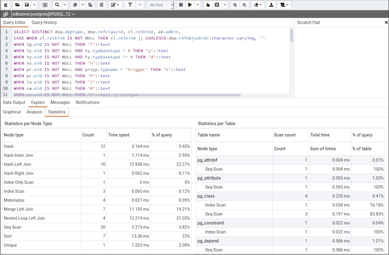 Query Tool - Explain plan tab - Statistics tab