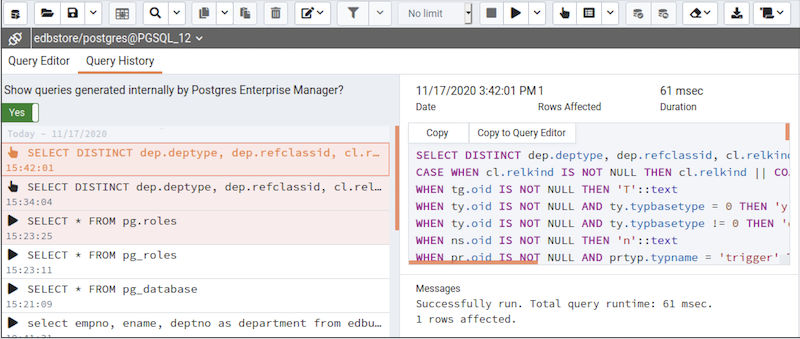 Query Tool - Query History tab