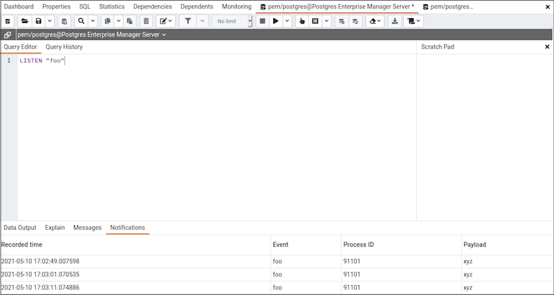 Query Tool - Output Notifications panel