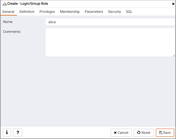 Create Login Role - General tab