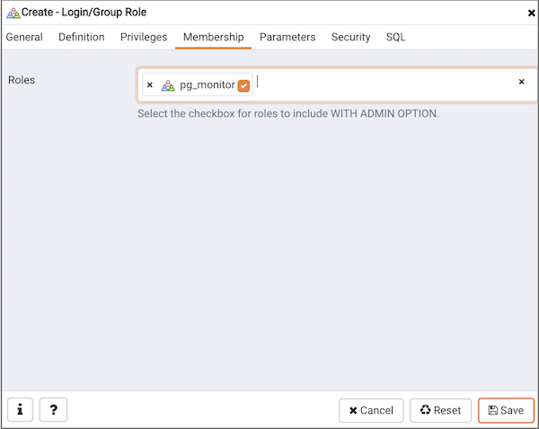 Create Login Role - Membership tab
