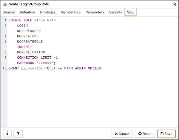 Create Login Role - SQL tab