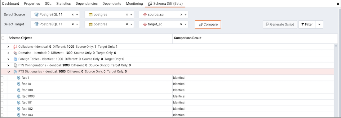 Schema Diff dialog - Comparison Results