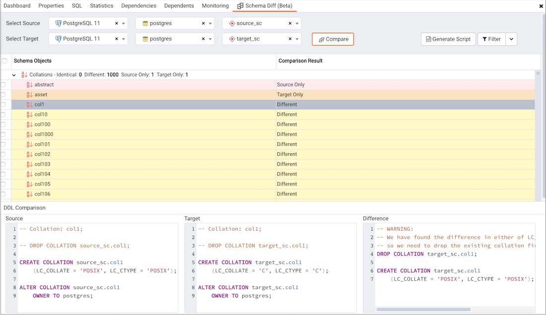 Schema Diff dialog