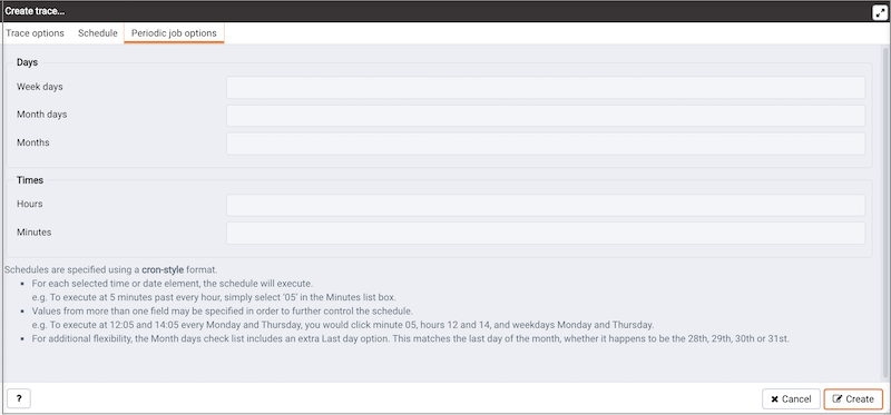 The Create trace Periodic job options tab