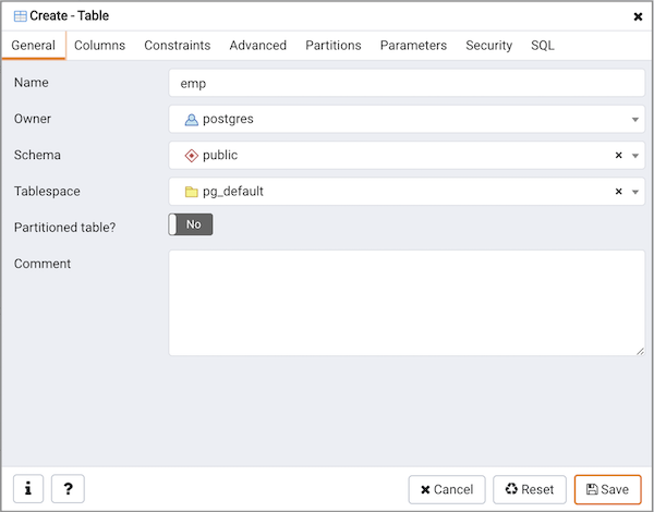 Create Table - General Tab