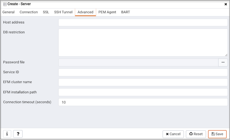 The Advanced tab of the Create – Server dialog